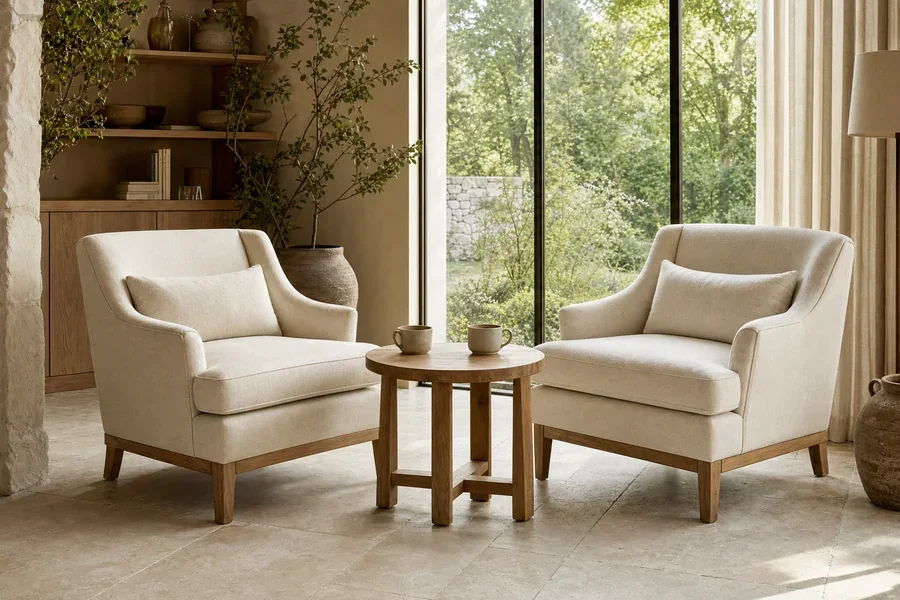Illustrative image: Two empty linen chairs and two cups on a small oak table in warm daylight.
