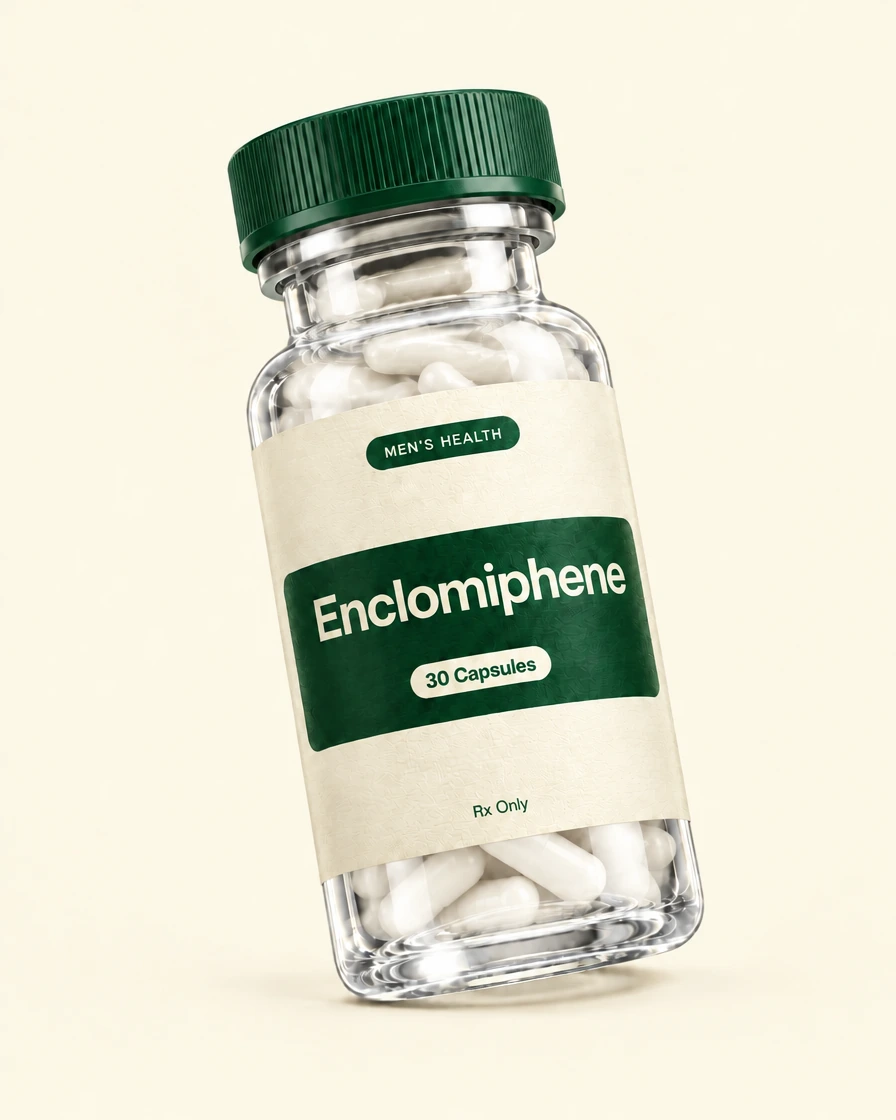 Enclomiphene oral capsule bottle for men's hormone optimization